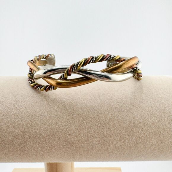 Signed Renee Lepre 925 Copper Brass Cuff Vintage Bracelet Mixed Metal Artisan - Picture 8 of 11